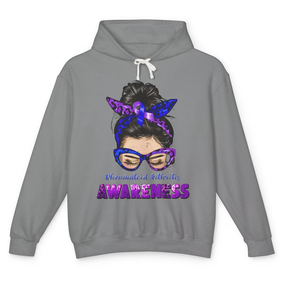 Rheumatoid Arthritis Messy Bun Mom Blue Purple Ribbon Unisex Lightweight Hoodie