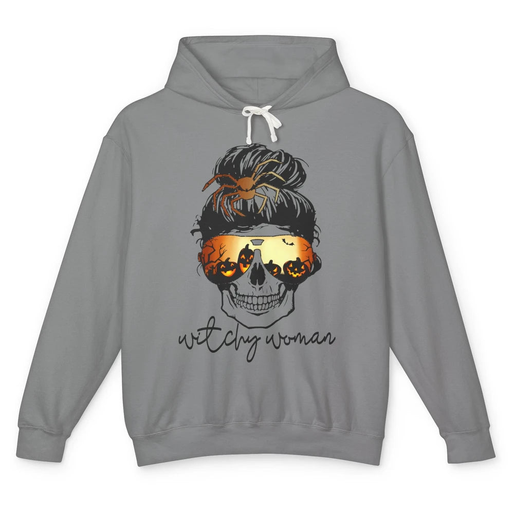 Witchy Woman Messy Bun Hair Skull Halloween Pumpkin Costume Unisex Lightweight Hoodie