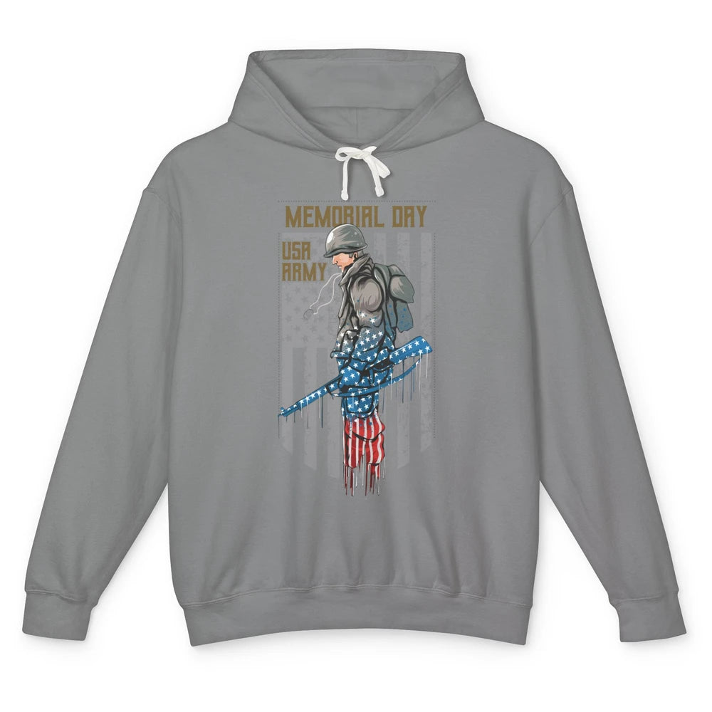 US Army Veteran With Gun American Flag US Pride Memorial Day Unisex Lightweight Hoodie