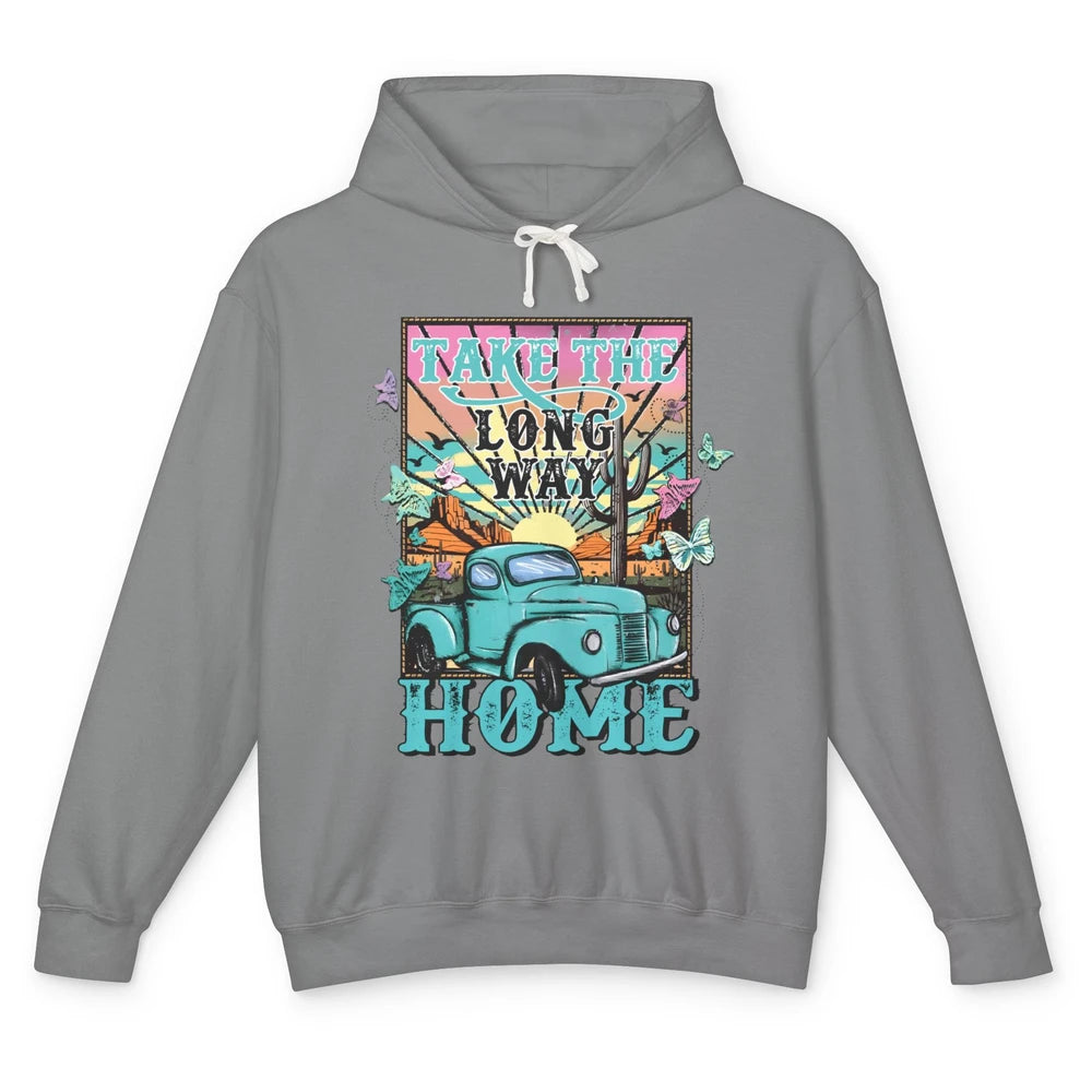 Retro Mountain Sunset Take The Long Way Home Western Country Unisex Lightweight Hoodie