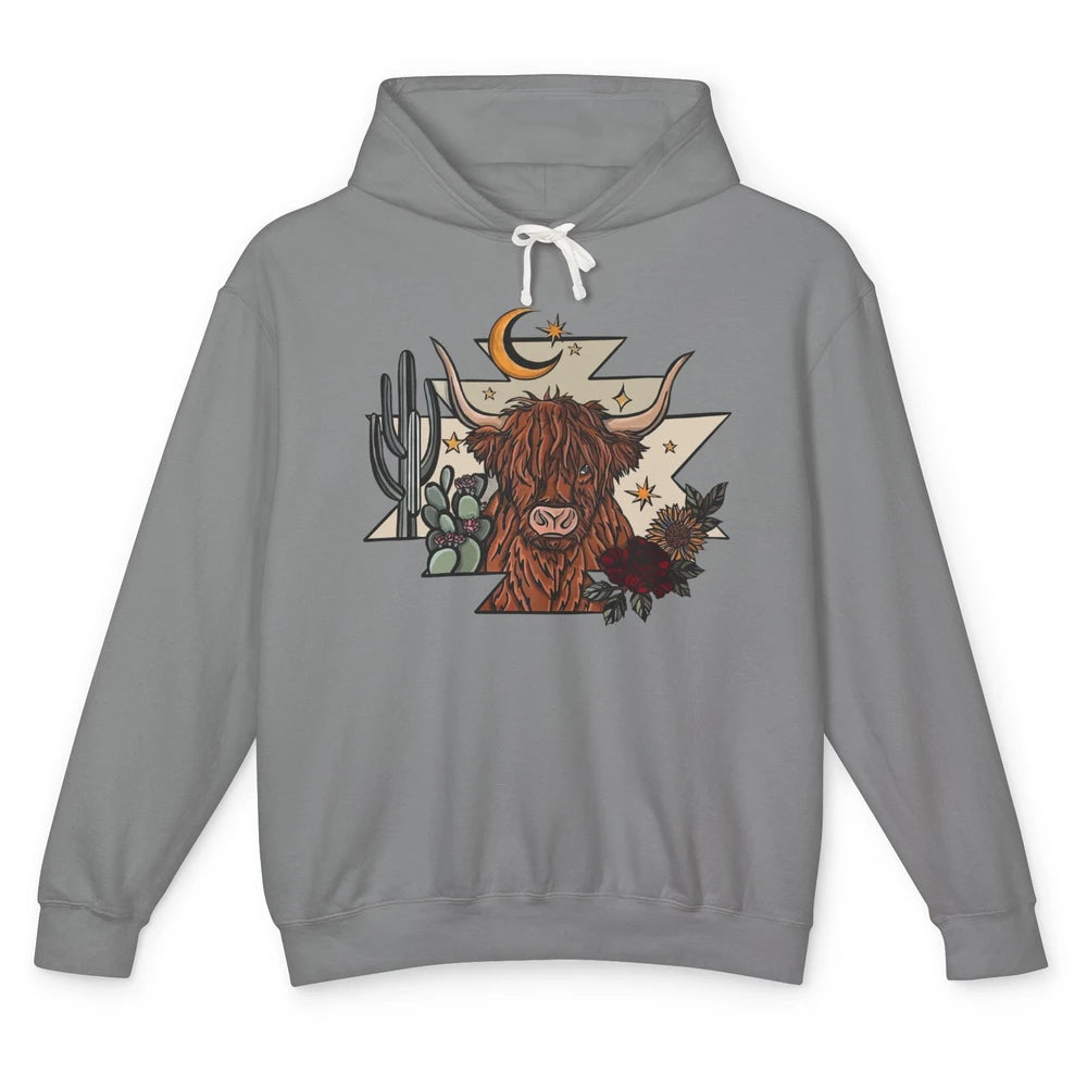 Retro Desert Cactus Highland Cow Western Country Cow Spirit Unisex Lightweight Hoodie