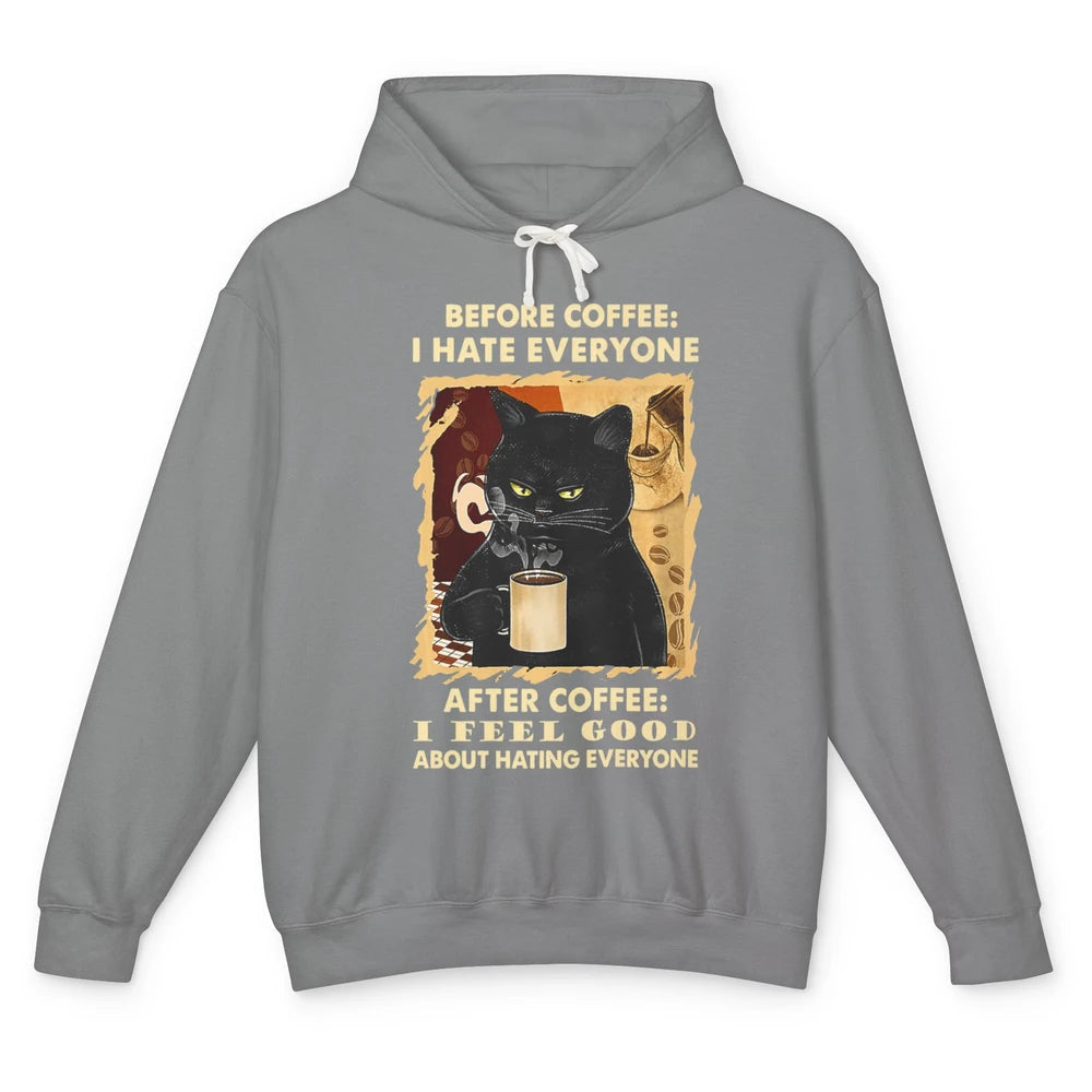 Funny Before Coffee Hate Everyone Black Cat Sarcastic Retro Unisex Lightweight Hoodie