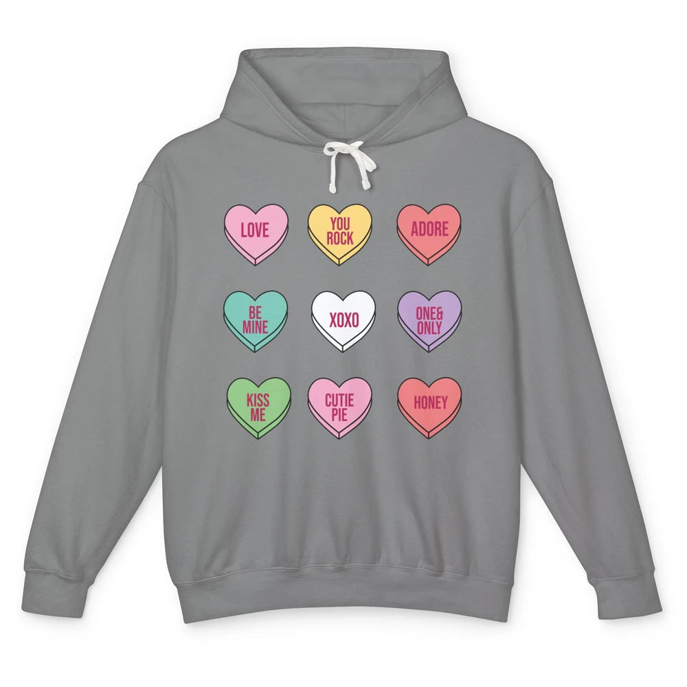 Conversation Hearts Valentines Love Boho V-Day Candy Rainbow Unisex Lightweight Hoodie