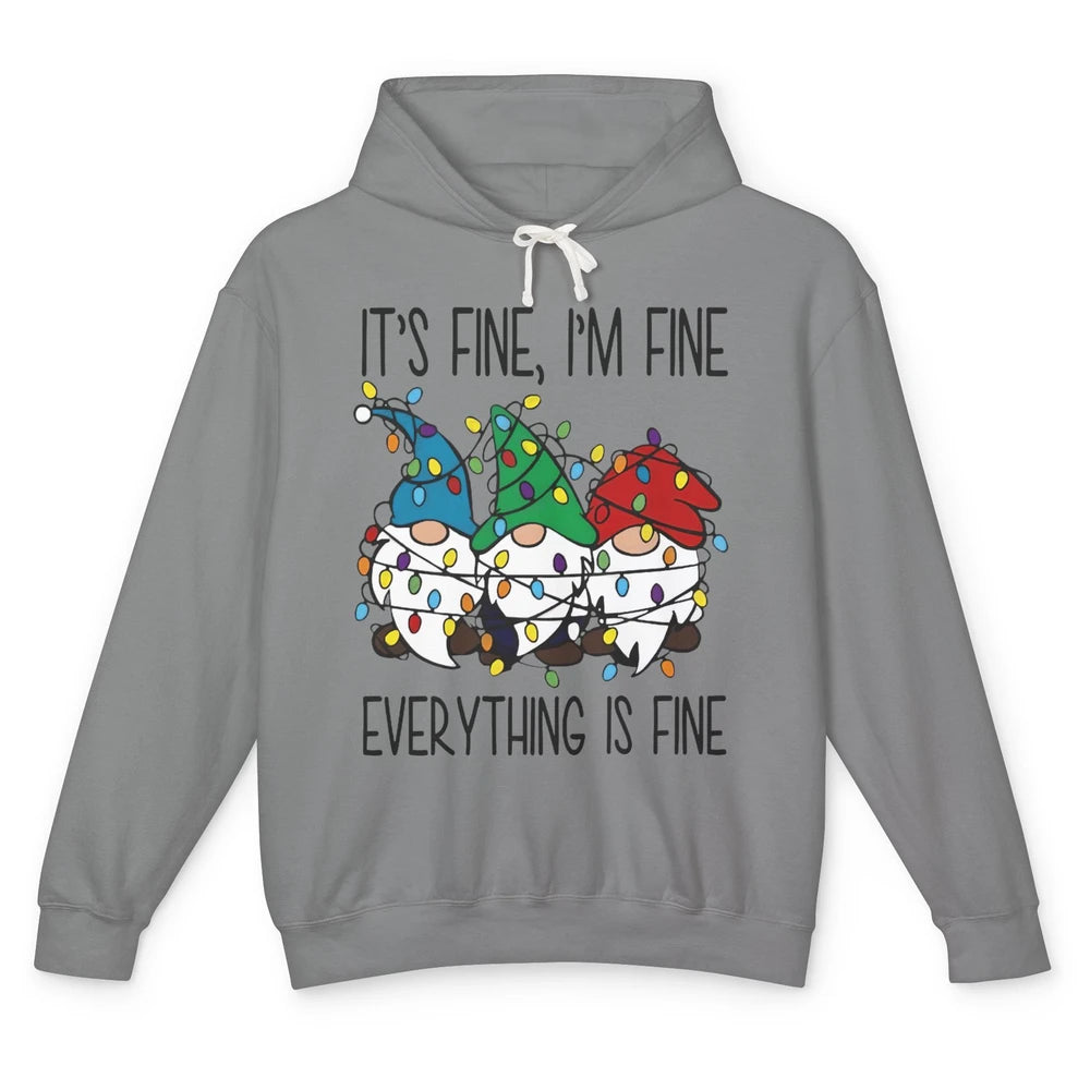 Funny Gnomes Christmas Light I'm Fine Everything's Fine Unisex Lightweight Hoodie