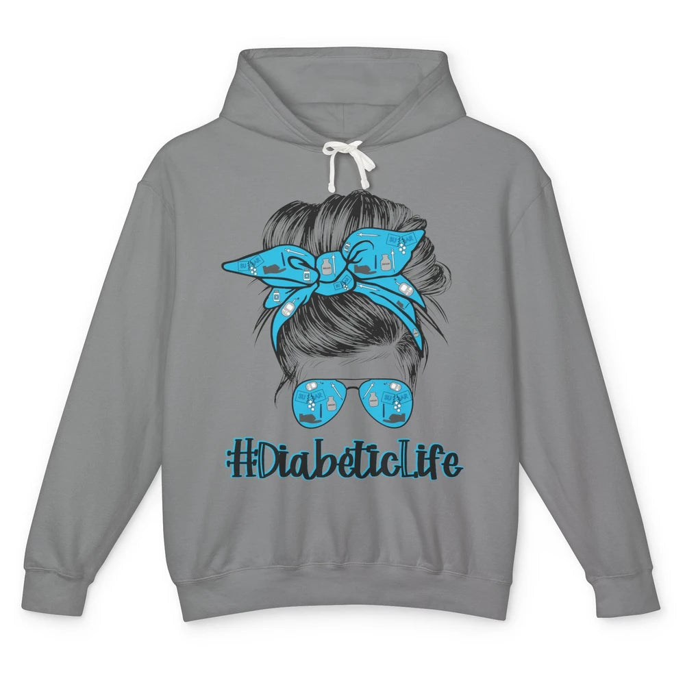 Diabetic Life Mom Messy Bun Blue Ribbon Diabetes Awareness Unisex Lightweight Hoodie