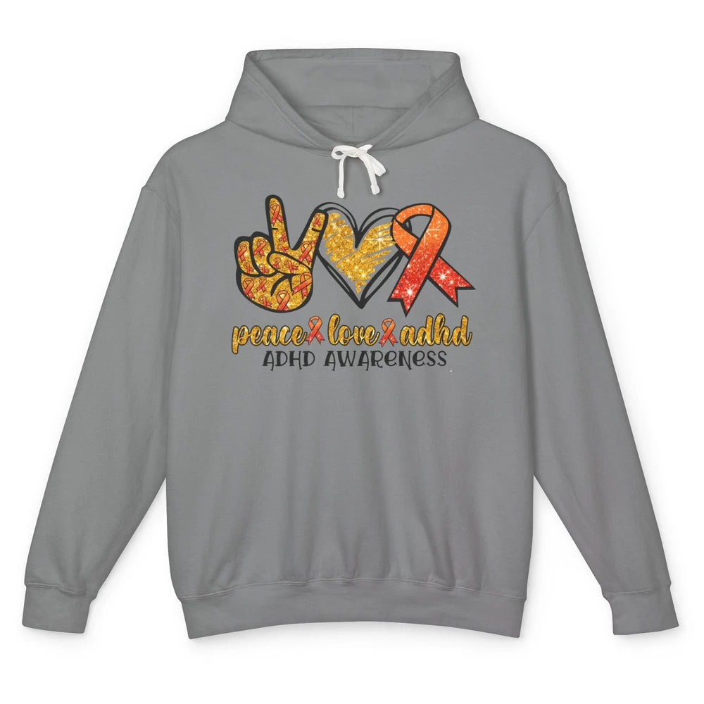 ADHD Awareness Month Peace Love ADHD Orange Ribbon Unisex Lightweight Hoodie