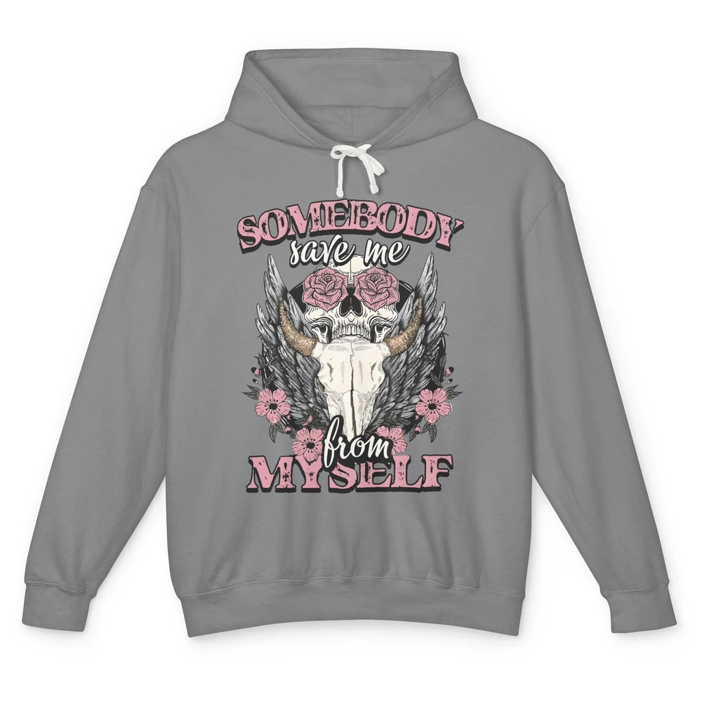 Retro Floral Bull Skull Somebody Save Me From Myself Western Unisex Lightweight Hoodie