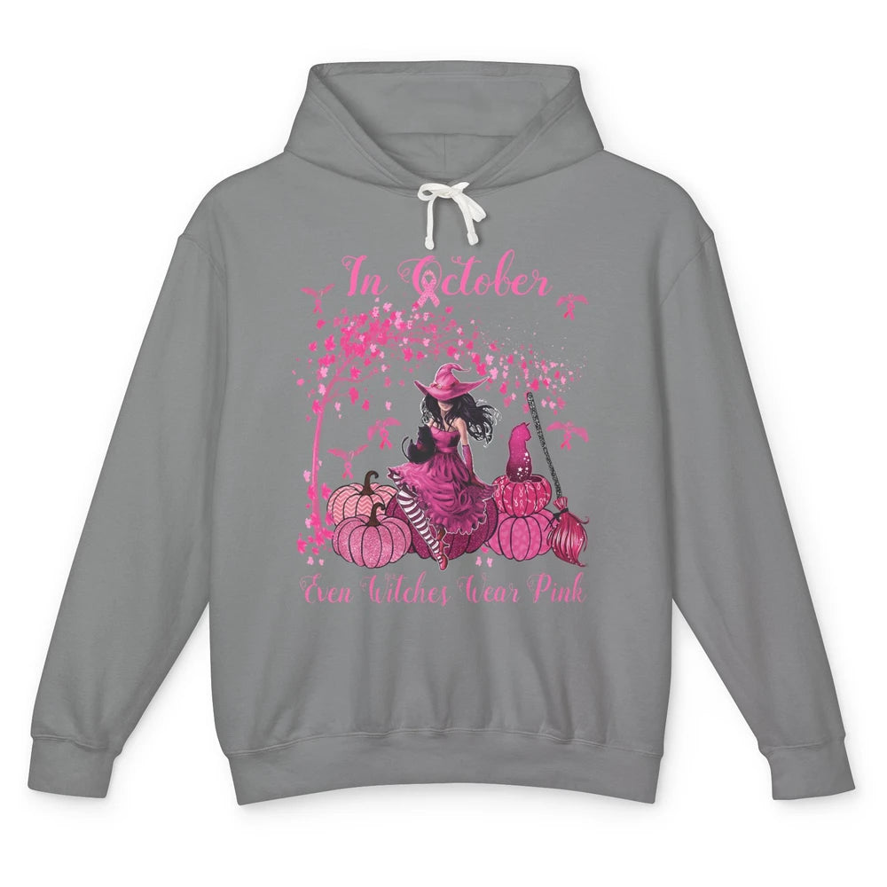 Breast Cancer In October Even Witches Wear Pink Ribbon Fall Unisex Lightweight Hoodie