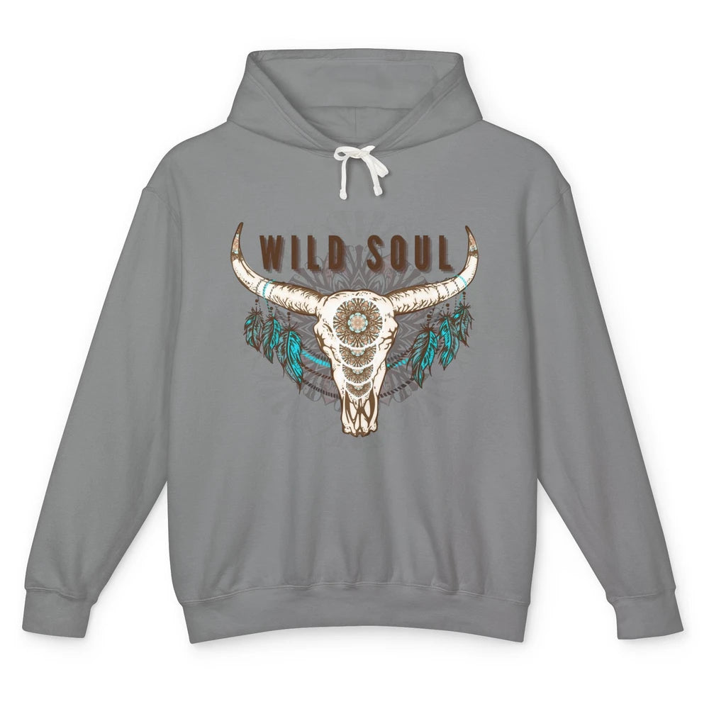 Boho Bull Skull Wild Soul Hippie Cowgirl Western Country Unisex Lightweight Hoodie