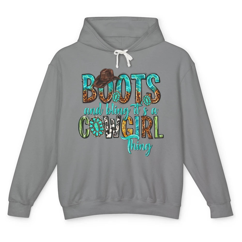 Leopard Turquoise Boots and Bling It's Cowgirl Thing Western Unisex Lightweight Hoodie