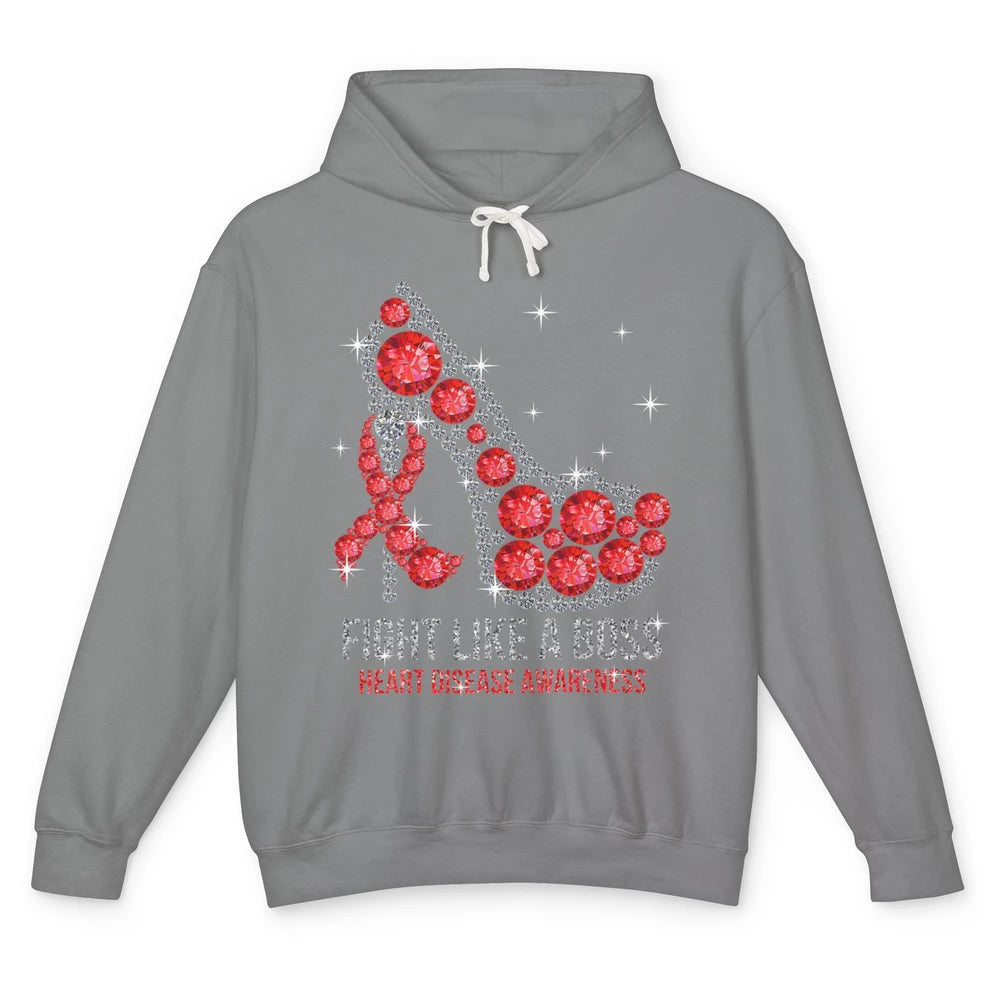 High Heel Fight Like Boss Red Ribbon Heart Disease Awareness Unisex Lightweight Hoodie