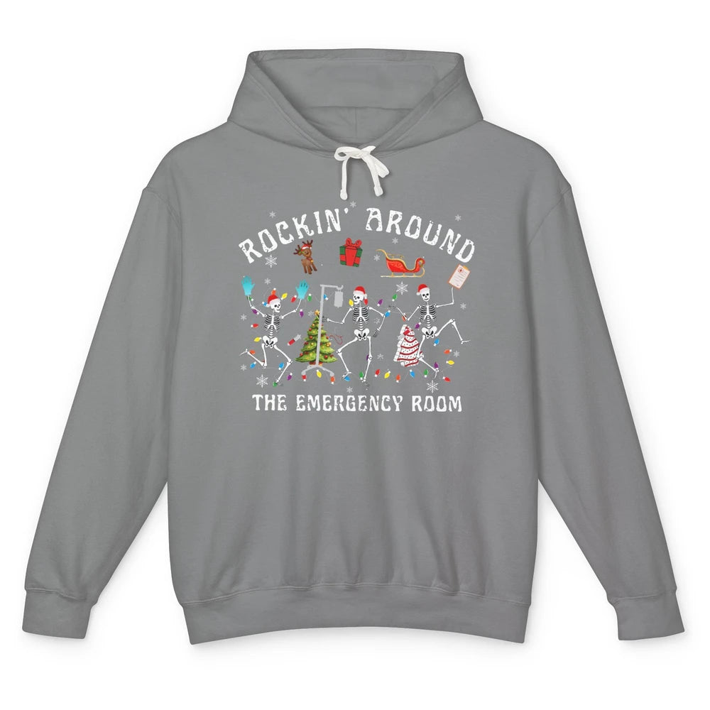 Merry Christmas Rocking Around Emergency Room Skeleton Nurse Unisex Lightweight Hoodie