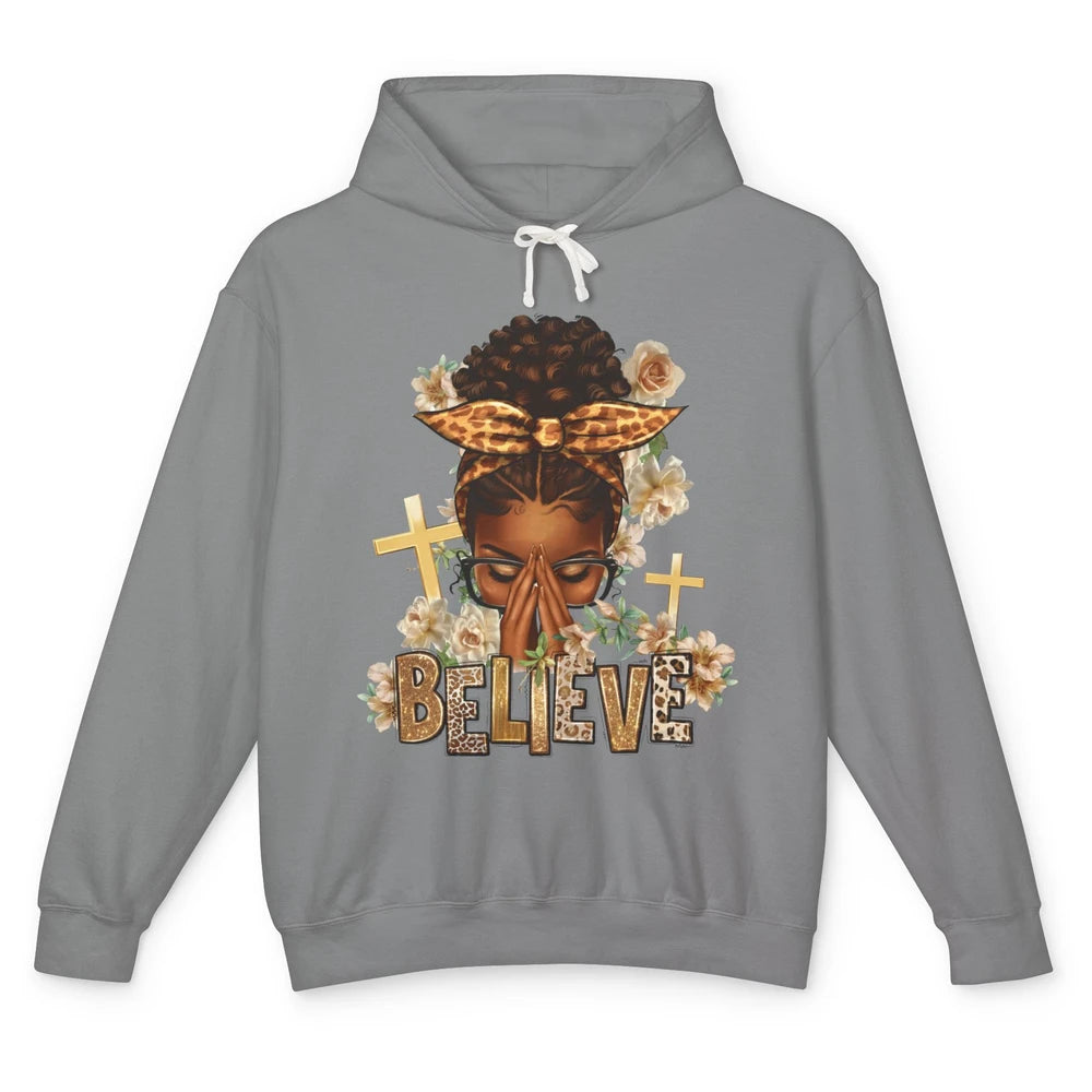 Floral Leopard Afro Messy Bun Believe Christian Religious Unisex Lightweight Hoodie