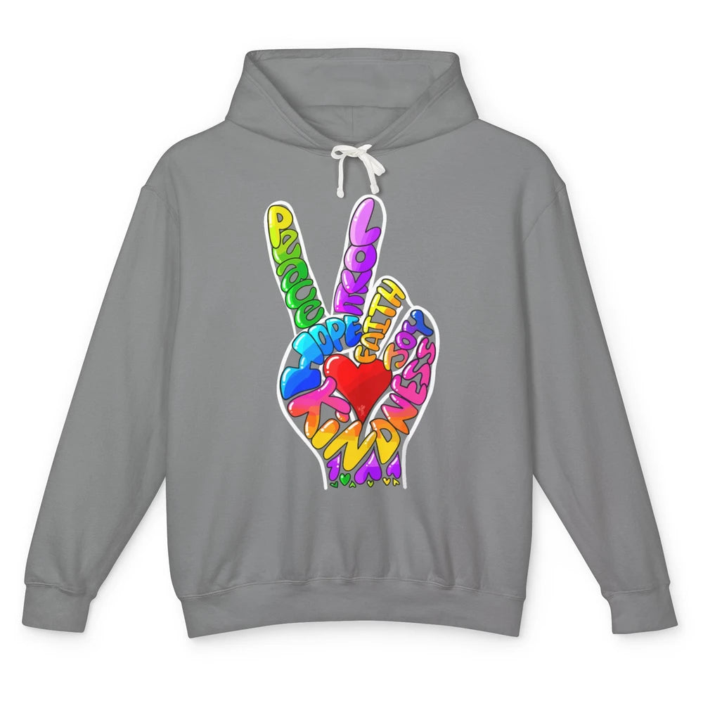 Peace Love Hope Joy Faith Kindness Word Christian Religious Unisex Lightweight Hoodie