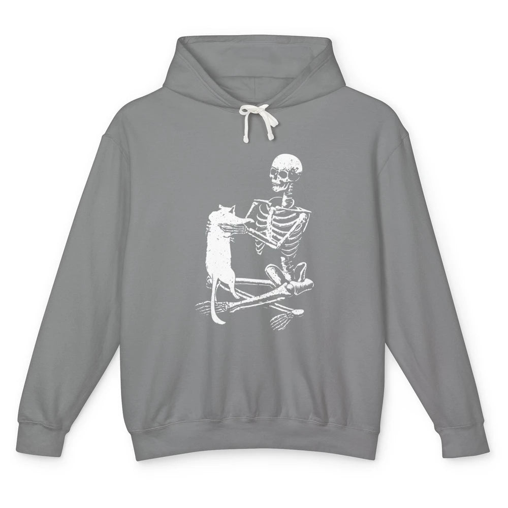 Skeleton Holding Cat Scary Costume Skull Kitten Halloween Unisex Lightweight Hoodie