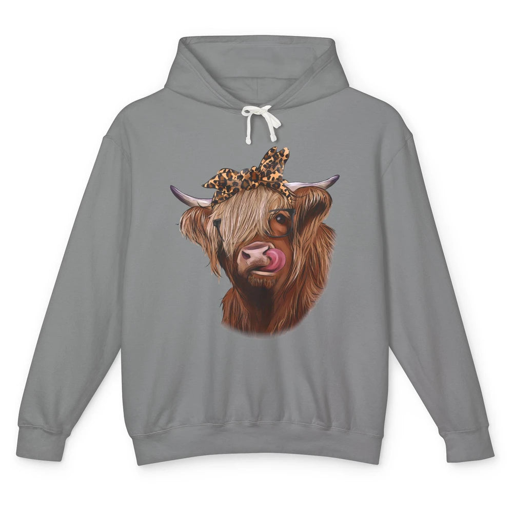 Highland Cow Glasses Leopard Bandana Western Farm Animals Unisex Lightweight Hoodie