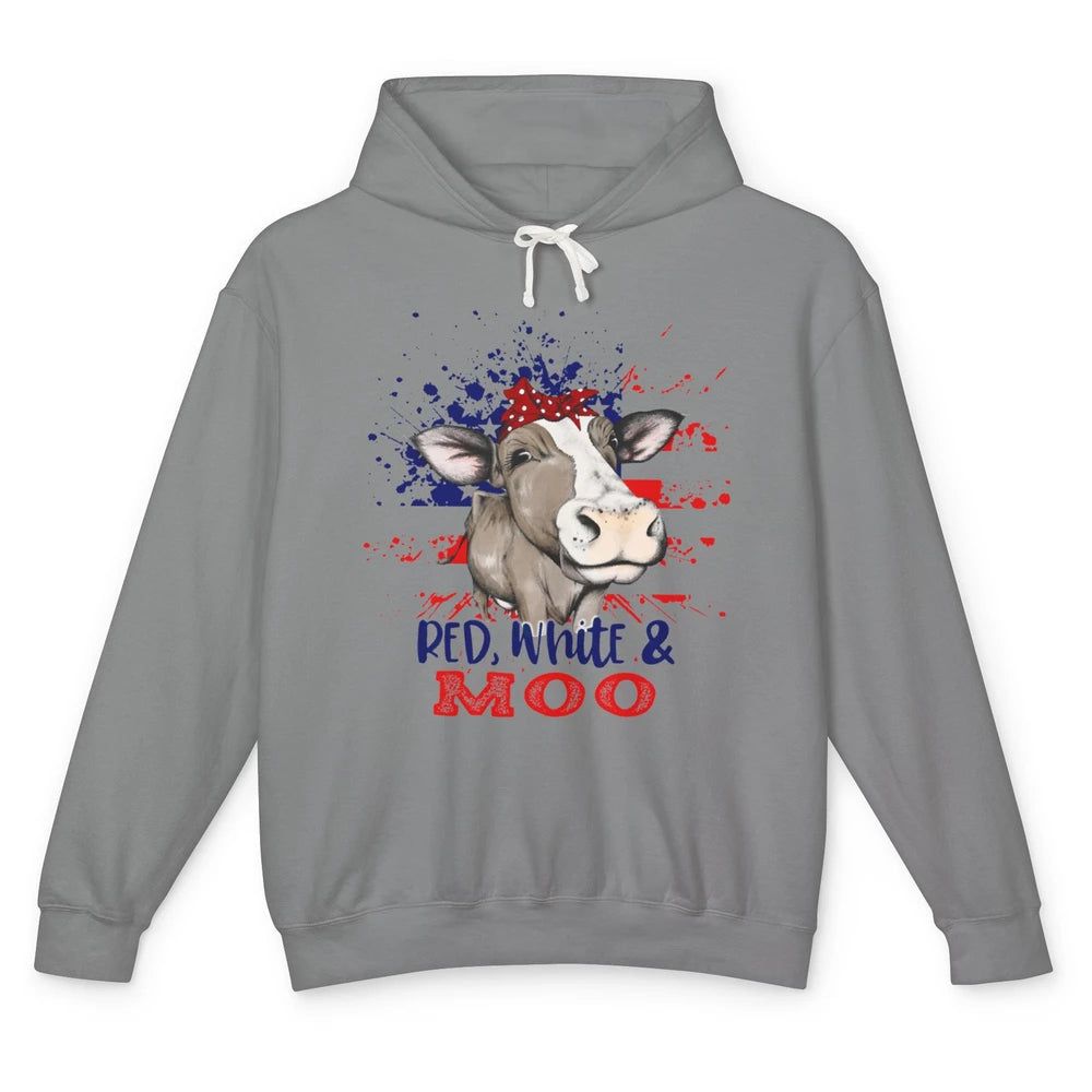 Red White Moo Cow America Flag 4th of July Patriotic Unisex Lightweight Hoodie