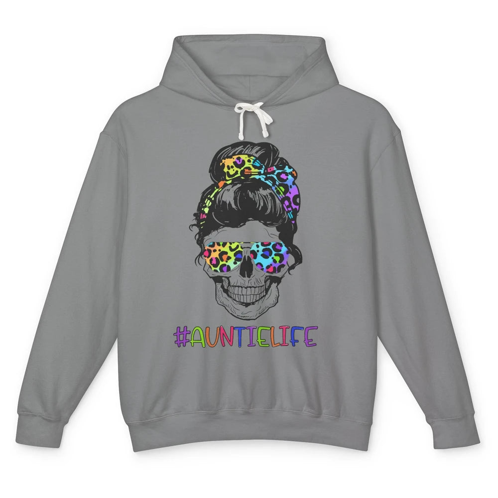 Leopard Messy Bun Skull Rainbow Auntie Life Aunt Mothers Day Unisex Lightweight Hoodie