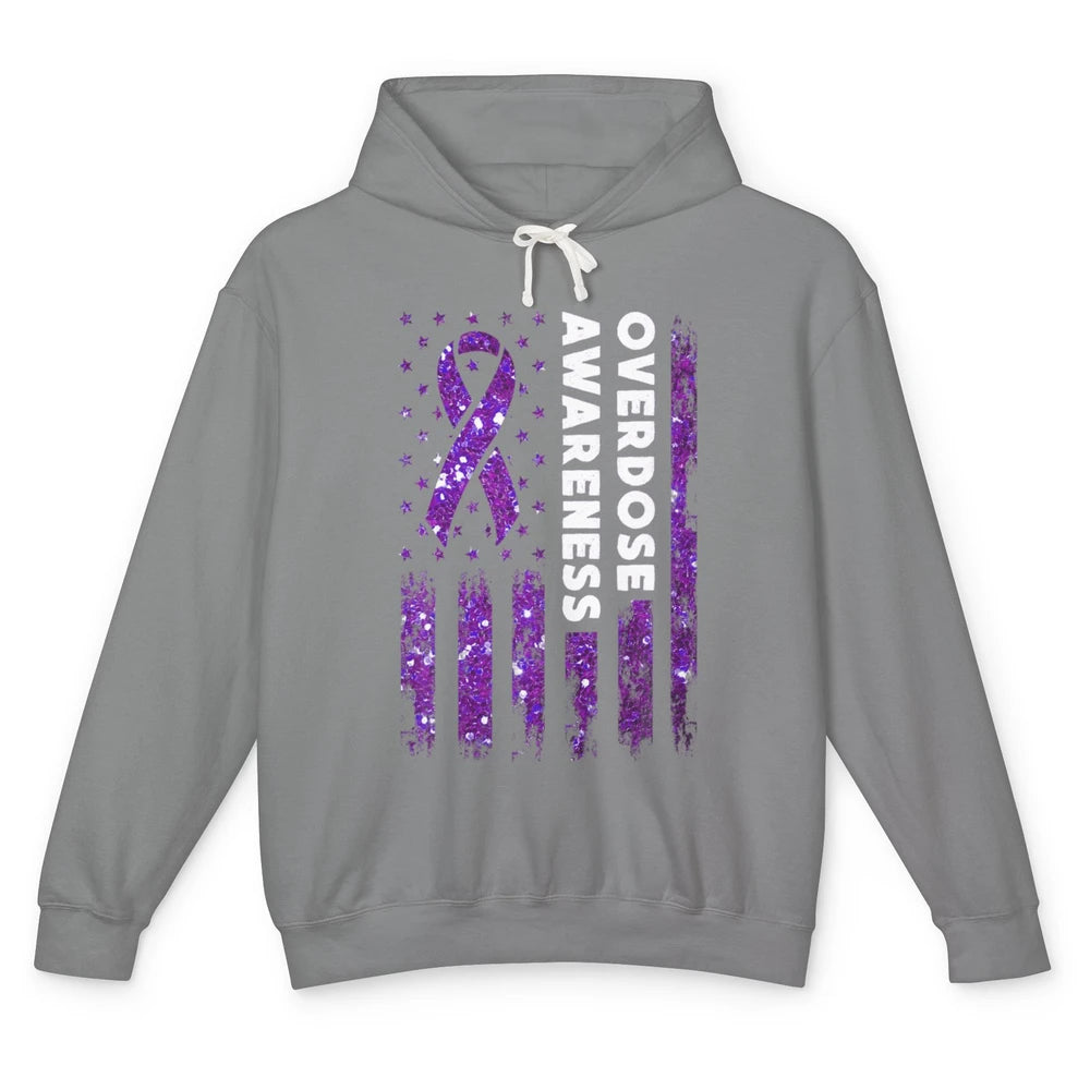 Overdose Awareness US Flag Purple Ribbon Addiction Warrior Unisex Lightweight Hoodie