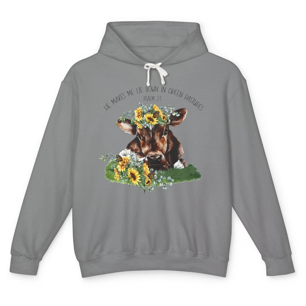 Sunflower Cow He Makes Me Lie Down In Green Pastures Bible Unisex Lightweight Hoodie