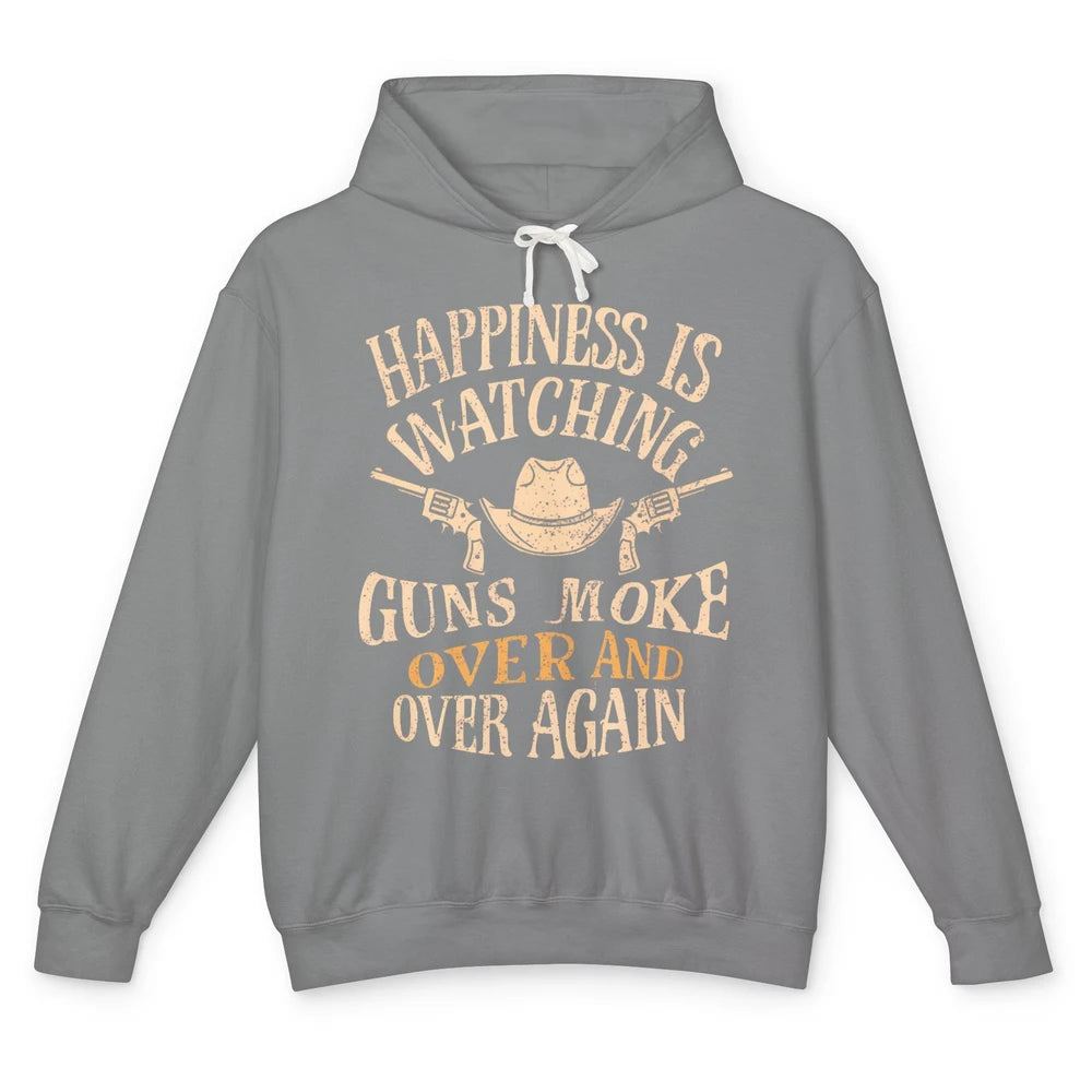 Happiness Is Watching Gunsmoke Over Retro Cowboy Hat Rodeo Howdy Western Country Unisex Lightweight Hoodie