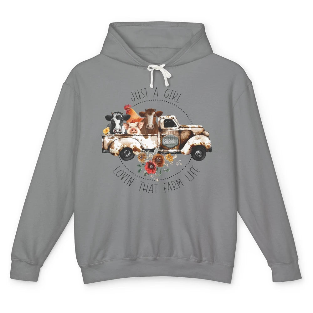 Retro Truck Just A Girl Loving That Farm Life Farm Animals Unisex Lightweight Hoodie