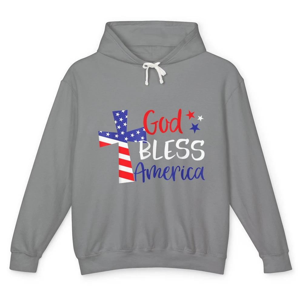 God Bless Jesus Cross 4th July American Flag Independence Unisex Lightweight Hoodie