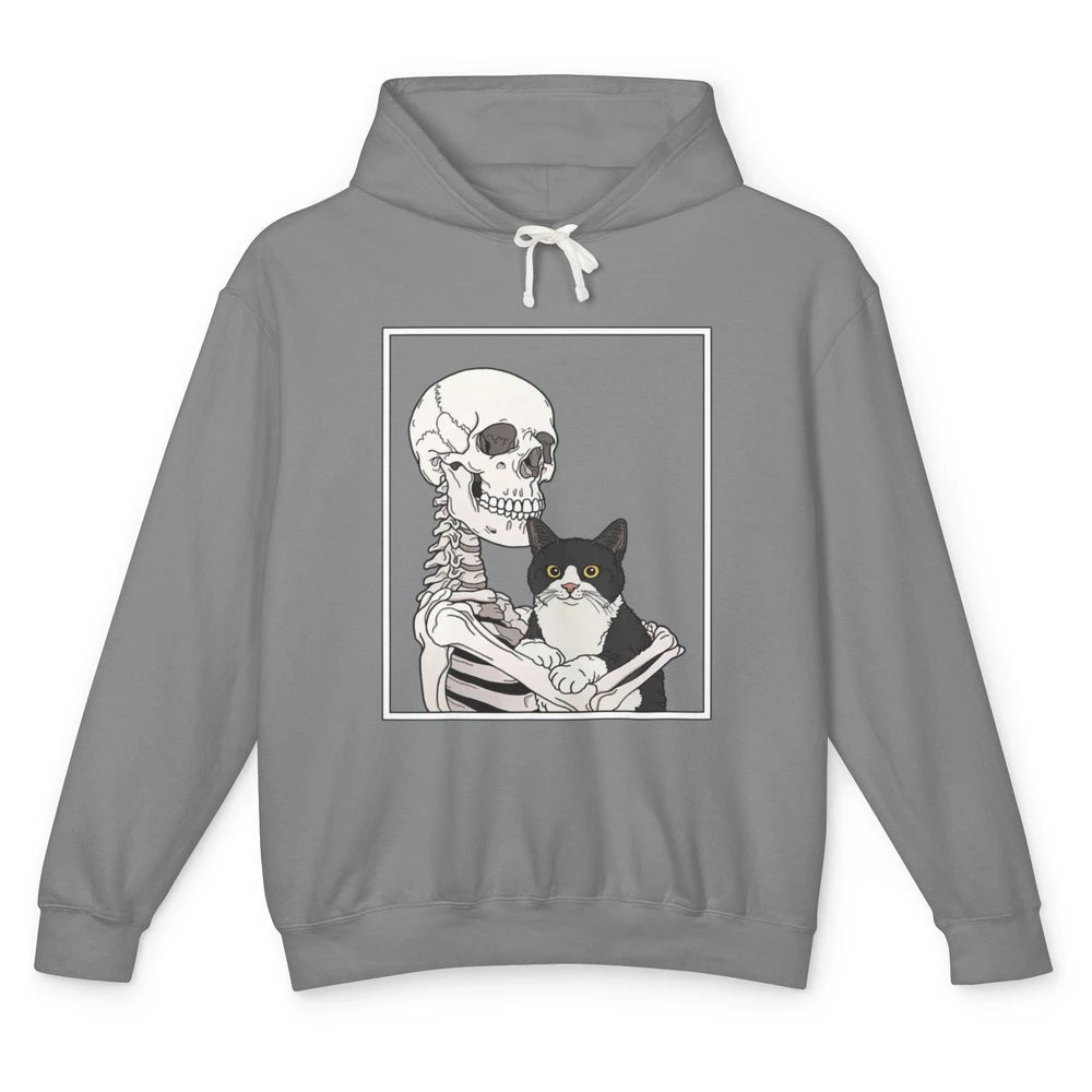 Skeleton Holding A Cat Lazy Halloween Costume Skull Kitten Unisex Lightweight Hoodie