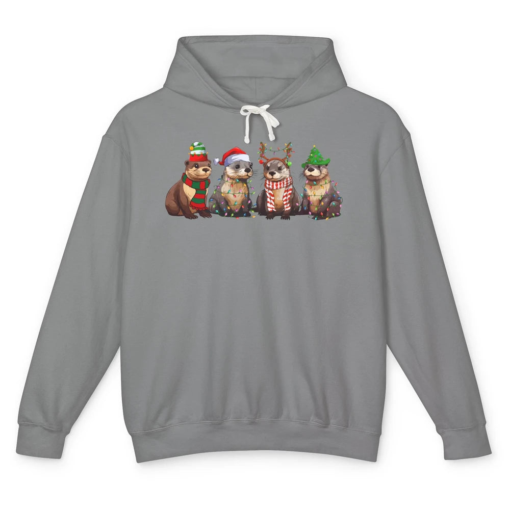 Otters Christmas Lights Sea Animal Christmas Otter Lovers Unisex Lightweight Hoodie