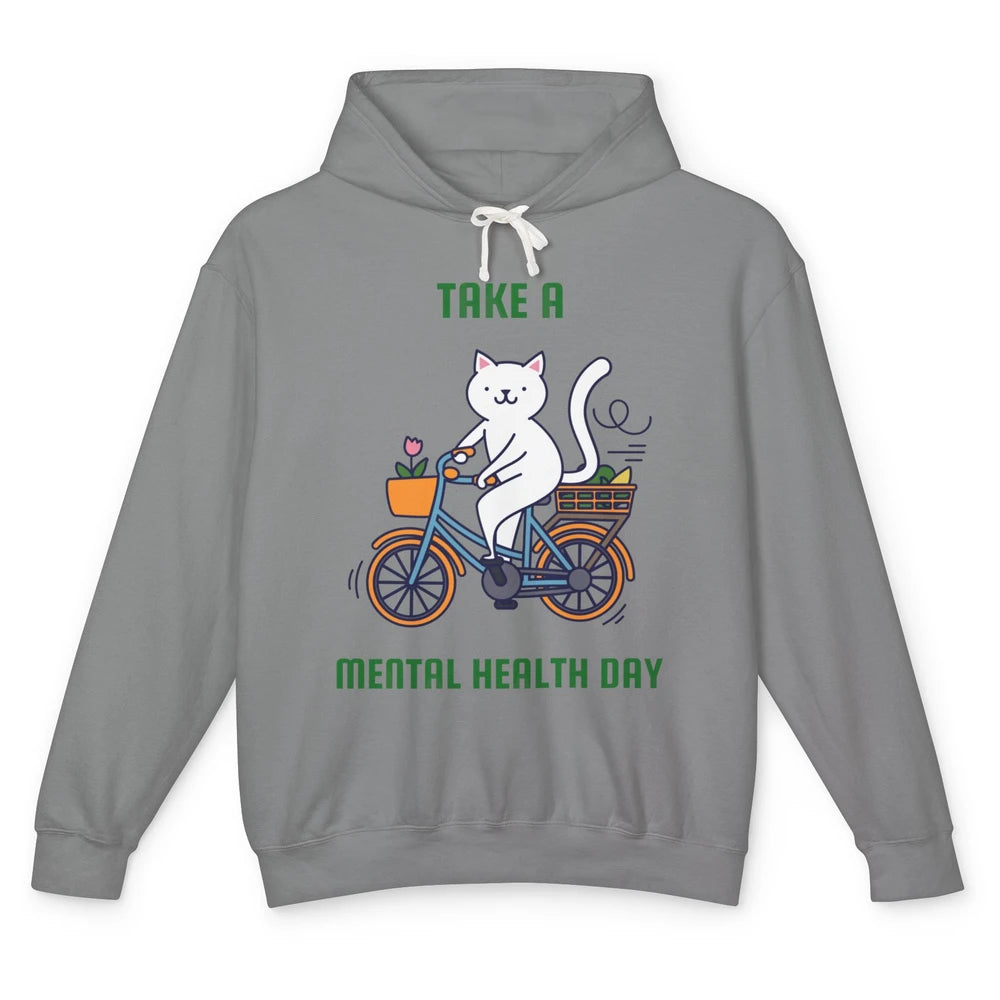 Take A Mental Health Day Cute Cat Bike Positive Therapist Unisex Lightweight Hoodie