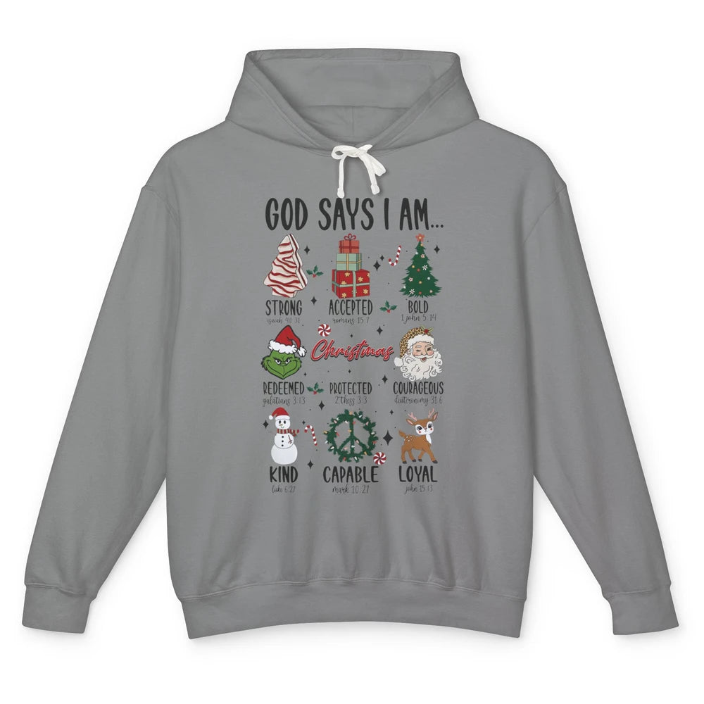 Retro Christmas God Says I Am Bible Verse Religious Boy Girl Unisex Lightweight Hoodie