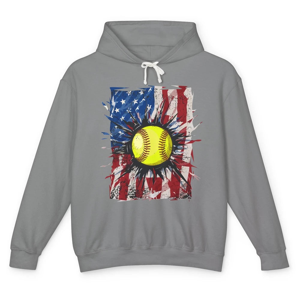 Retro US Flag Softball July 4th Baseball Players Patriotic Unisex Lightweight Hoodie