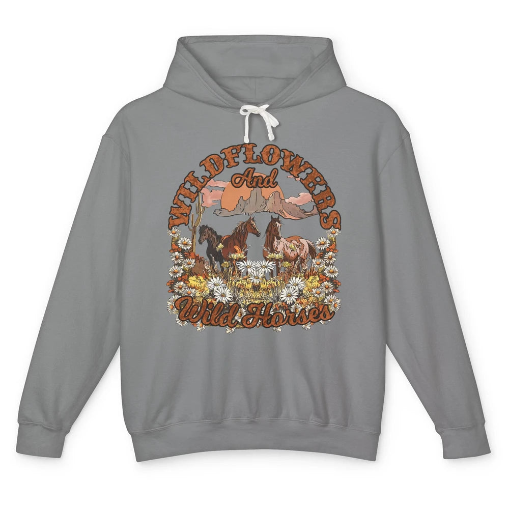 Retro Floral Desert Wildflowers Wild Horses Western Country Unisex Lightweight Hoodie