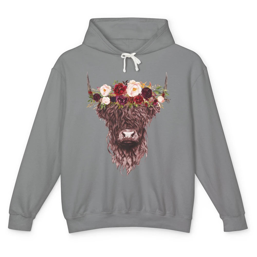 Floral Highland Cow Western Farm Animals Highland Cow Lovers Unisex Lightweight Hoodie