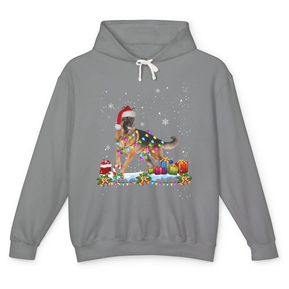 Merry Christmas German Shepherd Dog Santa Hat Xmas Lights Unisex Lightweight Hoodie