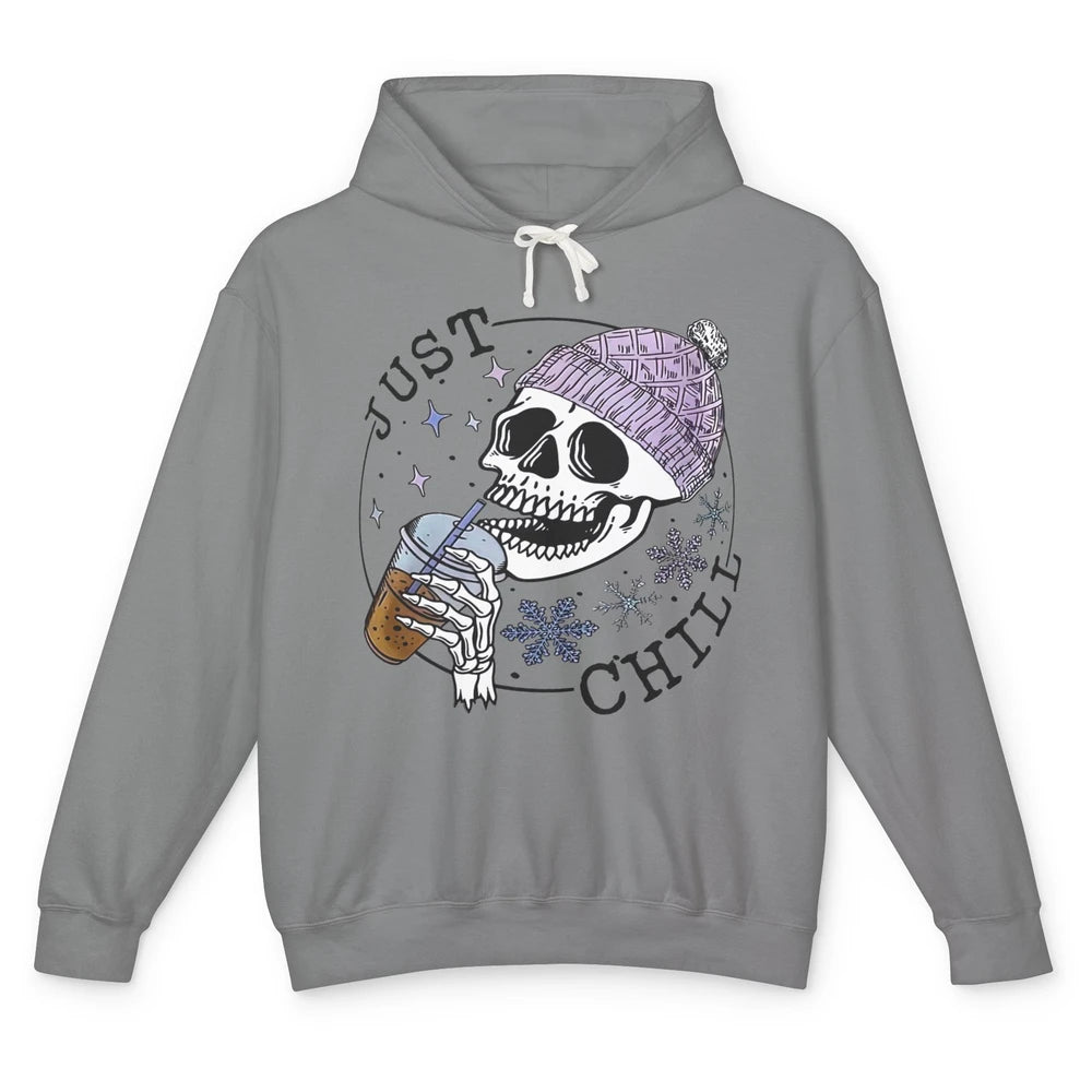 Funny Skeleton Coffee Just Relax Snowflakes Christmas Unisex Lightweight Hoodie