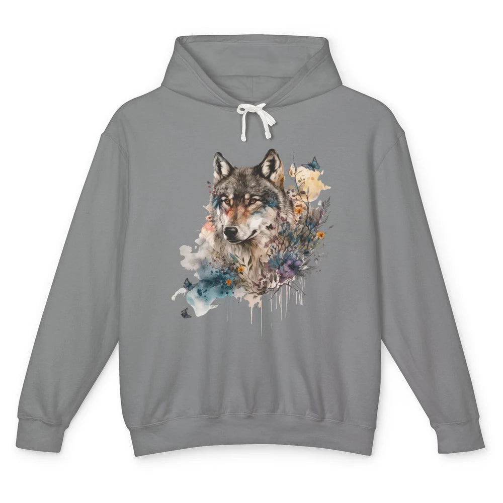 Watercolor Wolf Face Howl Butterfly Wolves Wild Animal Retro Unisex Lightweight Hoodie