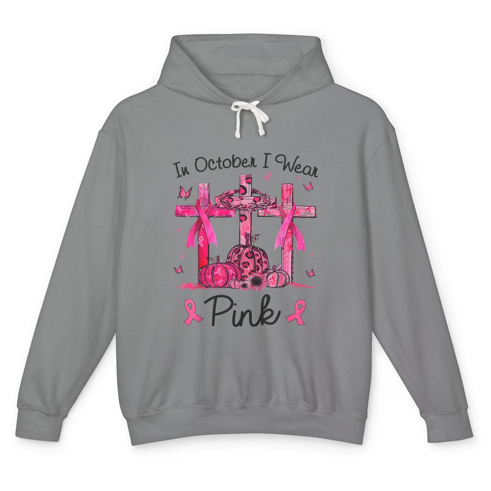 Cross Pumpkin Christian Pink Ribbon Breast Cancer Awareness Unisex Lightweight Hoodie