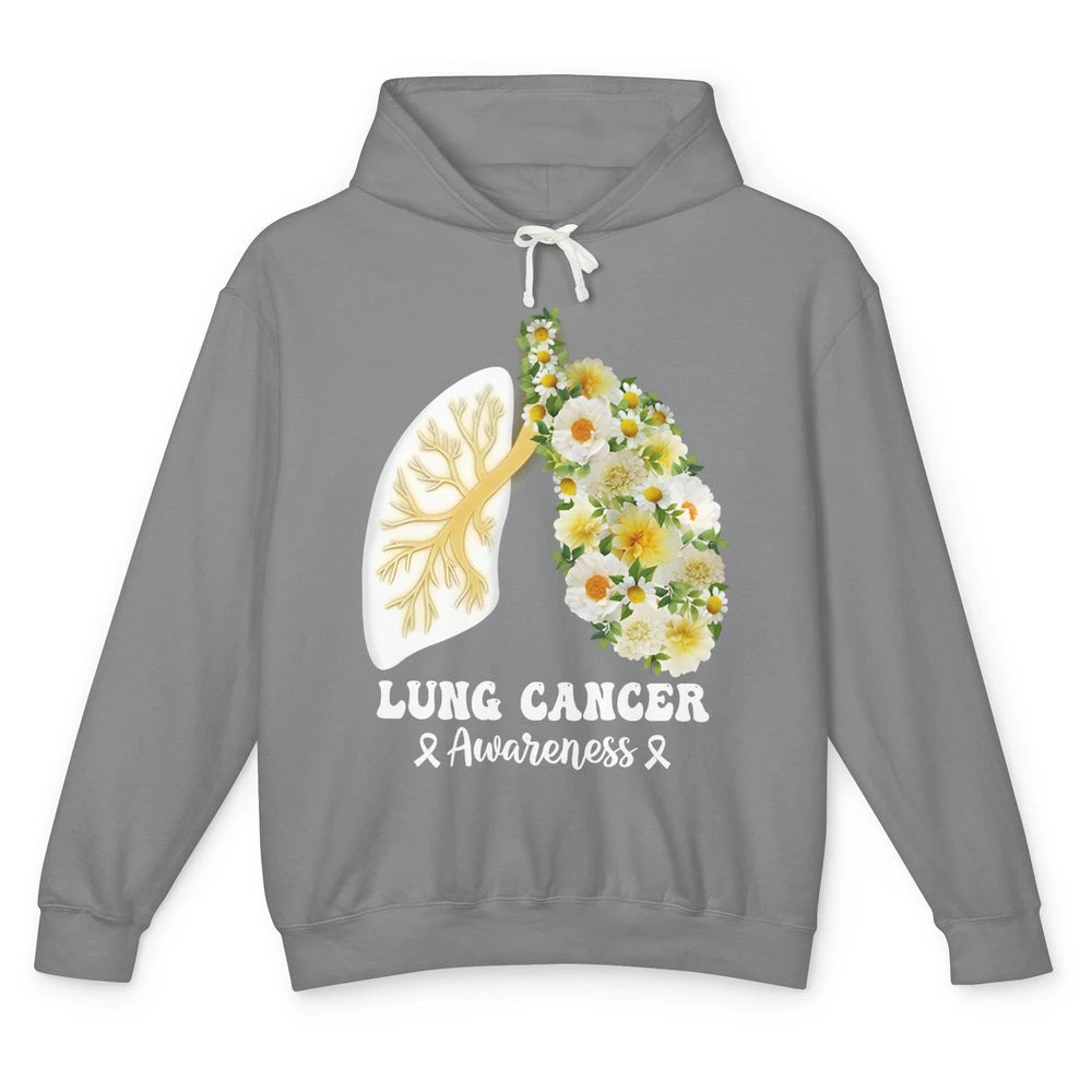 Floral Lung Cancer Awareness Warrior Wildflower White Ribbon Unisex Lightweight Hoodie