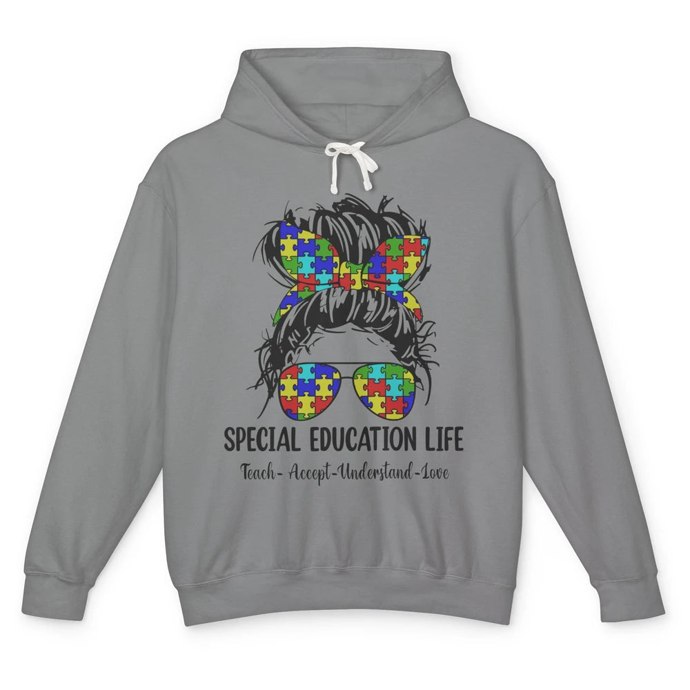 Special Education Teacher Messy Bun Autism Teach Accept Love Unisex Lightweight Hoodie