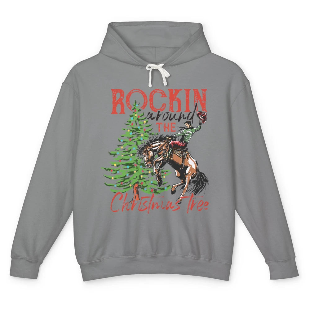 Funny Cowboy Horsing Rocking Around Christmas Tree Western Unisex Lightweight Hoodie