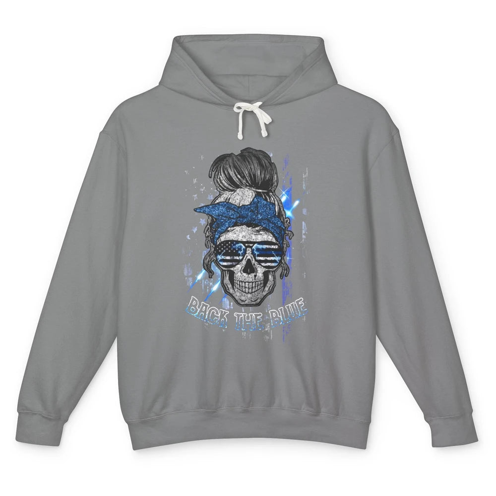 Back The Blue Police American Flag Skull Lady 4th of July Unisex Lightweight Hoodie