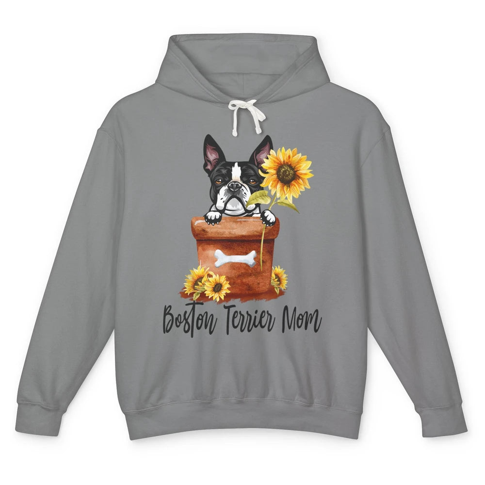 Funny Boston Terrier Dog Face Sunflowers Puppy Dog Mom Mama Unisex Lightweight Hoodie