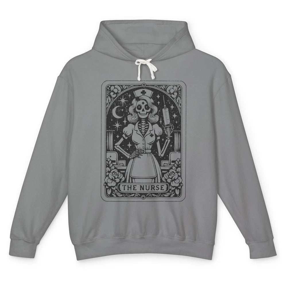 Retro Skeleton The Nurse Tarot Card Halloween Nursing Life Unisex Lightweight Hoodie