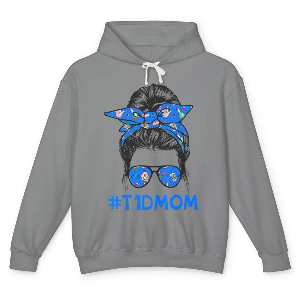 T1D Proud Mom Leopard Messy Bun Warrior Diabetes Awareness Unisex Lightweight Hoodie