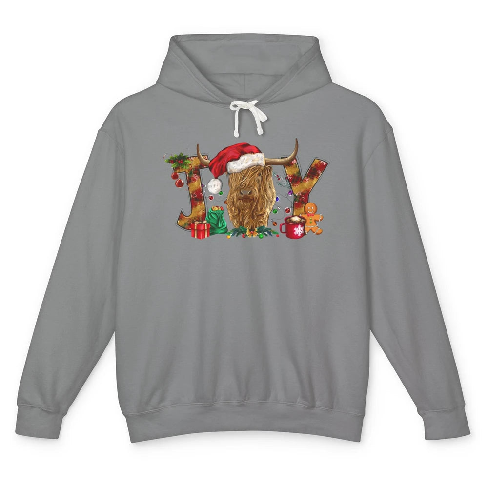 Highland Cow Joy Santa Hat Gingerbread Christmas Farm Gift Unisex Lightweight Hoodie