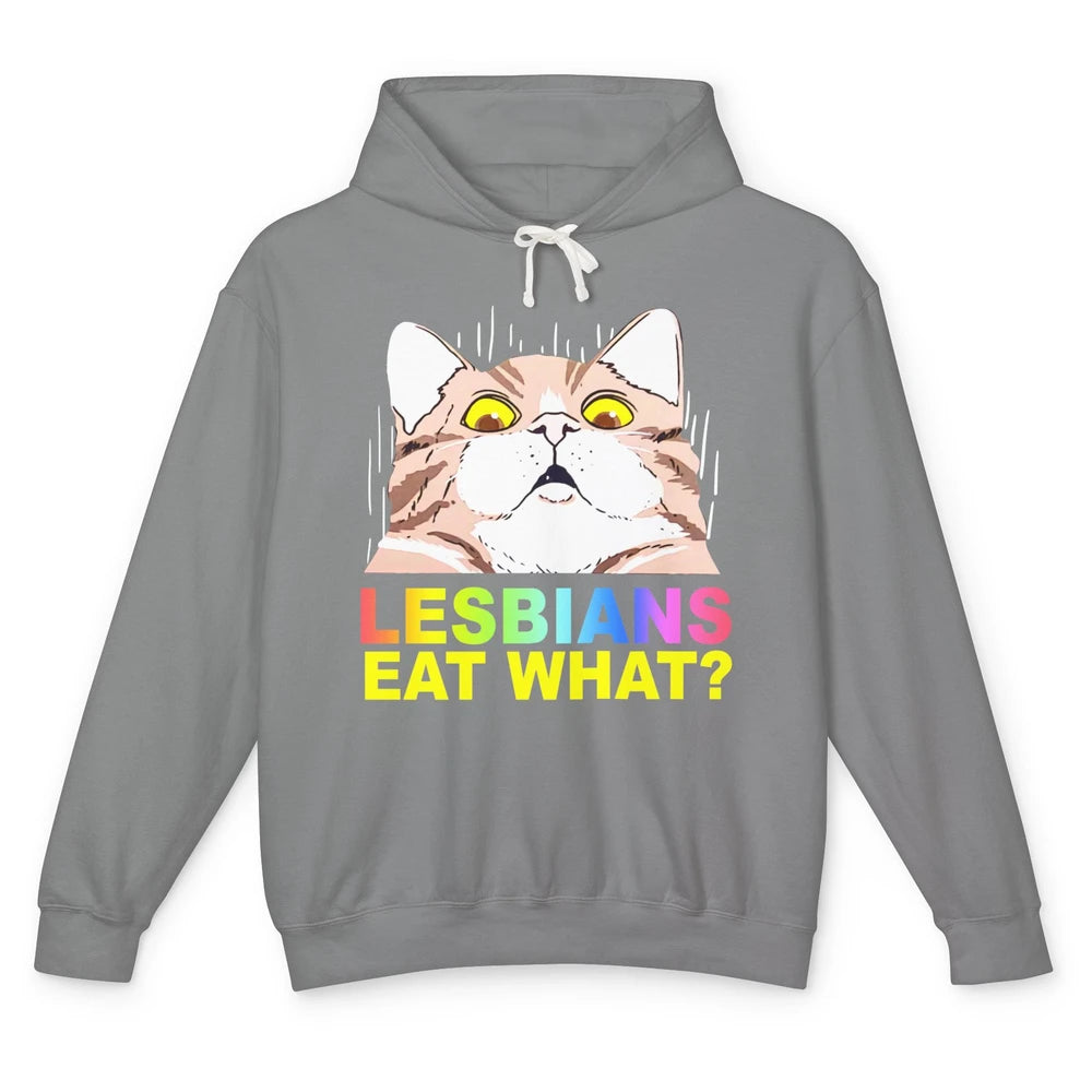 Funny Black Cat Lesbians Eat What LGBTQ Sarcastic Cat Mom Unisex Lightweight Hoodie