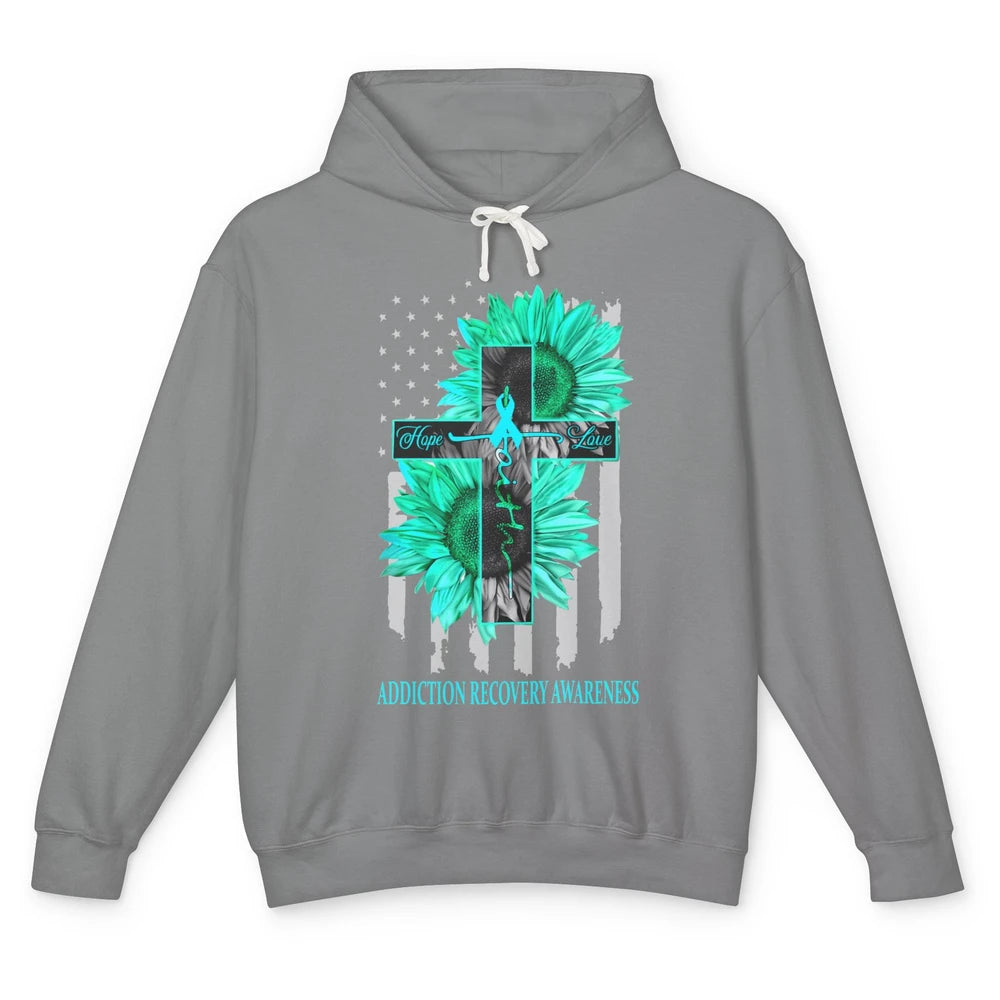 Addiction Recovery Faith Hope Love Teal US Flag Jesus Cross Unisex Lightweight Hoodie