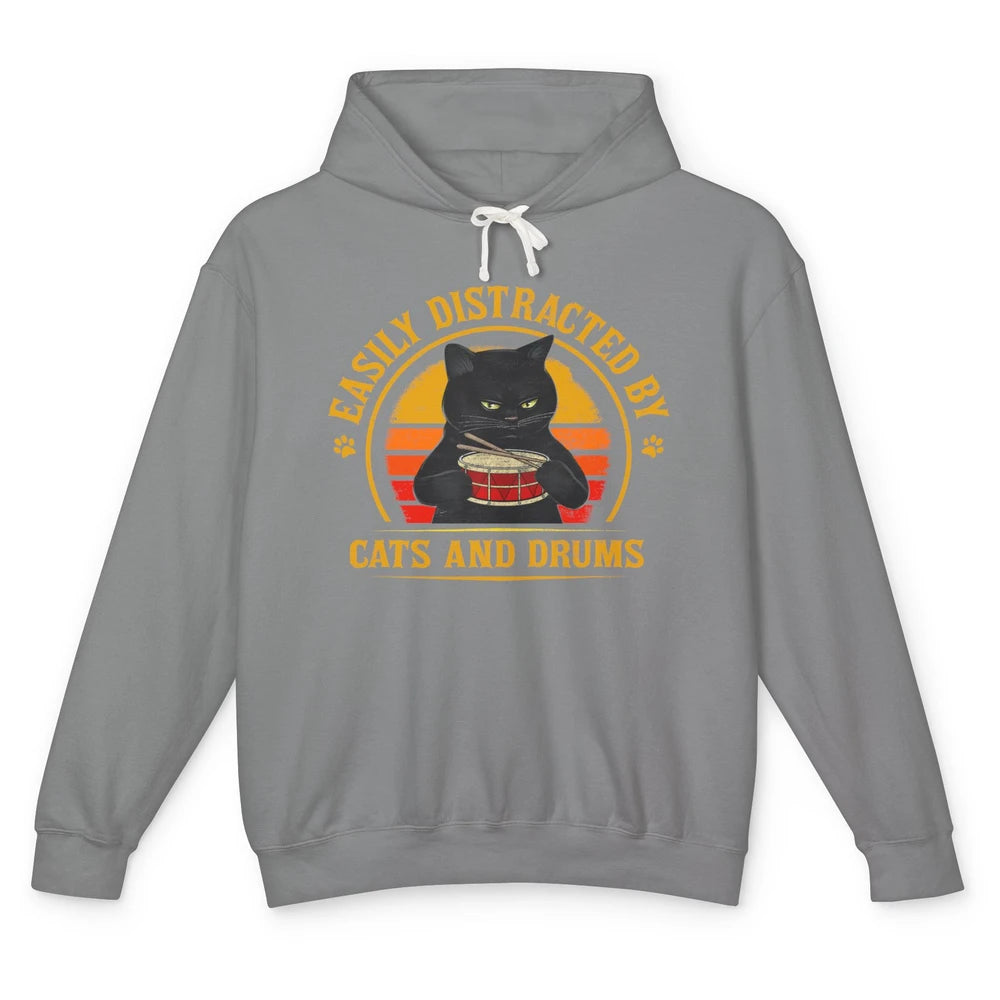 Vintage Black Cat Drummer Easily Distracted By Cat And Drums Unisex Lightweight Hoodie