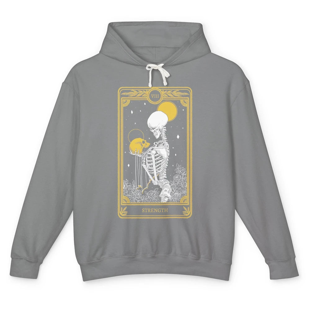 Retro Skeleton Holding Skull Strength Tarot Card Halloween Unisex Lightweight Hoodie